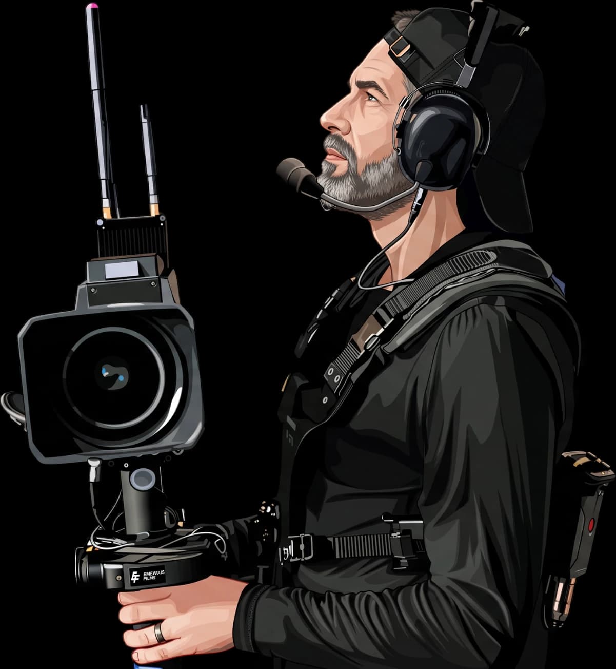 Camera operator wearing a Riedel Bolero wireless beltpack during a live broadcast production