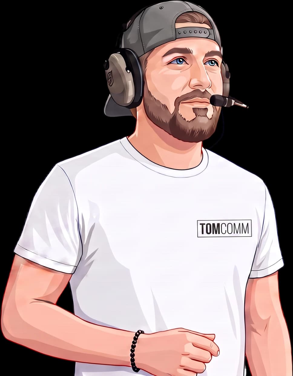 TOMCOMM engineer in branded crew shirt wearing an intercom headset at a live event