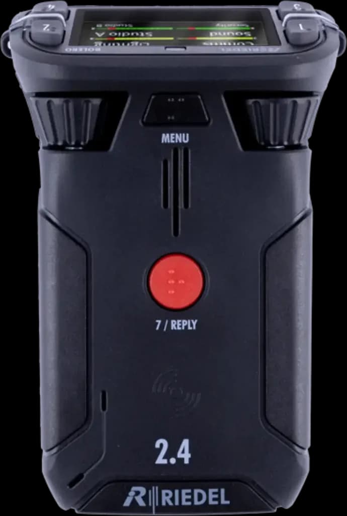 Riedel Bolero 2.4 GHz wireless intercom beltpack in black, front view