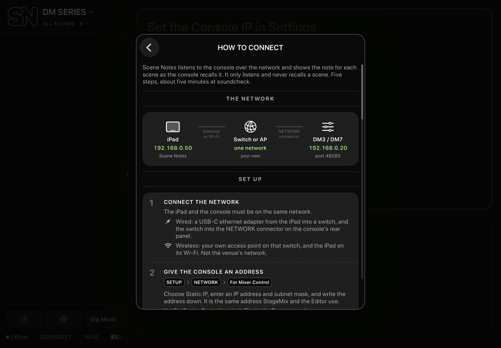 The in-app How to connect guide for a DM Series show, showing the network diagram and the first two steps