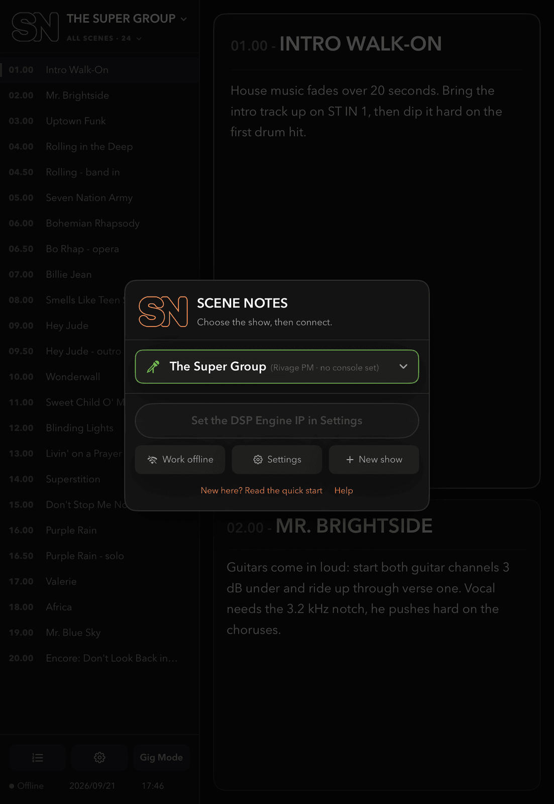 The Scene Notes start screen with the demo show, The Super Group, selected