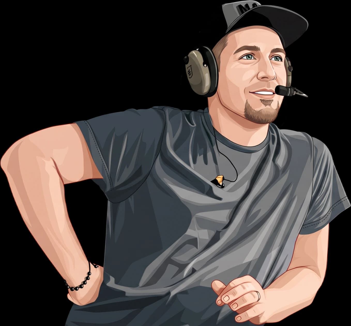 TOMCOMM sound engineer smiling while wearing a professional broadcast headset on tour
