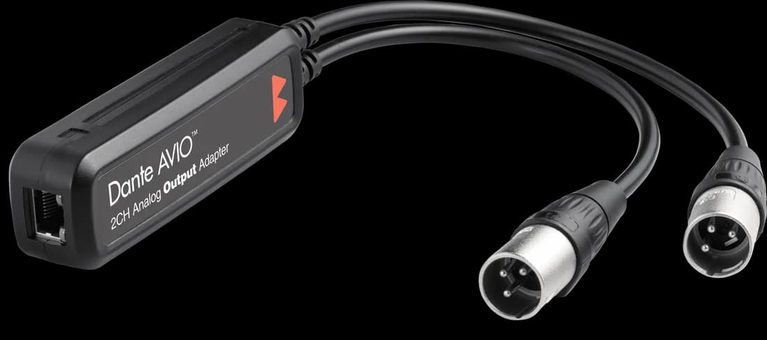 Dante AVIO two-channel analogue output adapter, with two male XLR connectors
