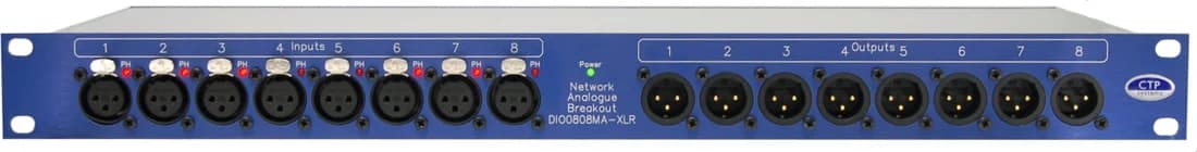 CTP Systems DIO0808MA-XLR Dante interface, front panel with eight XLR inputs and eight XLR outputs