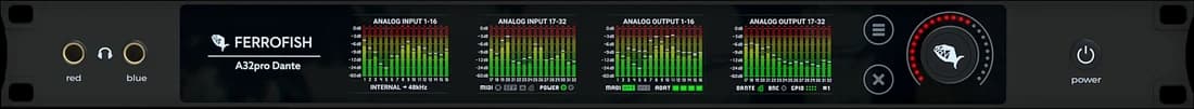 Ferrofish A32pro Dante 32-channel converter, front panel with four metering displays