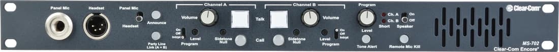Clear-Com Encore MS-702 two-channel main station, 1U front panel