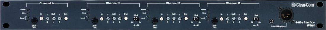 Clear-Com Encore IF4W4 four-channel four-wire interface, 1U front panel