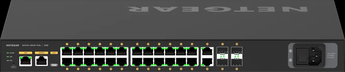 Netgear AV Line M4250-26G4F-PoE+ rack switch, port side showing 24 PoE+ ports and four SFP uplinks