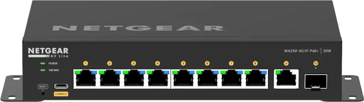 Netgear AV Line M4250-9G1F-PoE+ desktop switch, front view showing eight PoE+ ports and uplinks