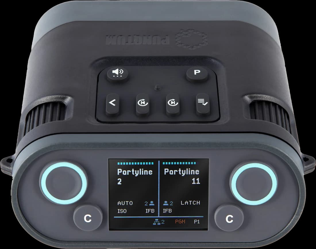 PunQtum Q110 two-channel digital partyline beltpack, showing display and controls