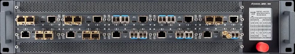 Riedel Artist-1024 intercom matrix frame, front view with interface cards fitted