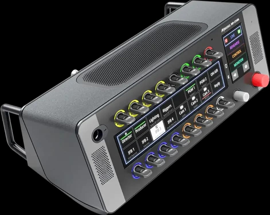 Riedel DSP-1216HL desktop SmartPanel with 16 lever keys and touchscreens