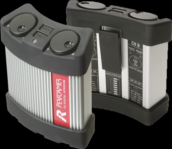 Riedel Performer C3 two-channel digital partyline beltpacks, front and rear