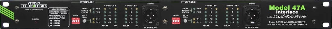 Studio Technologies Model 47A dual two-wire to four-wire interface, 1U front panel