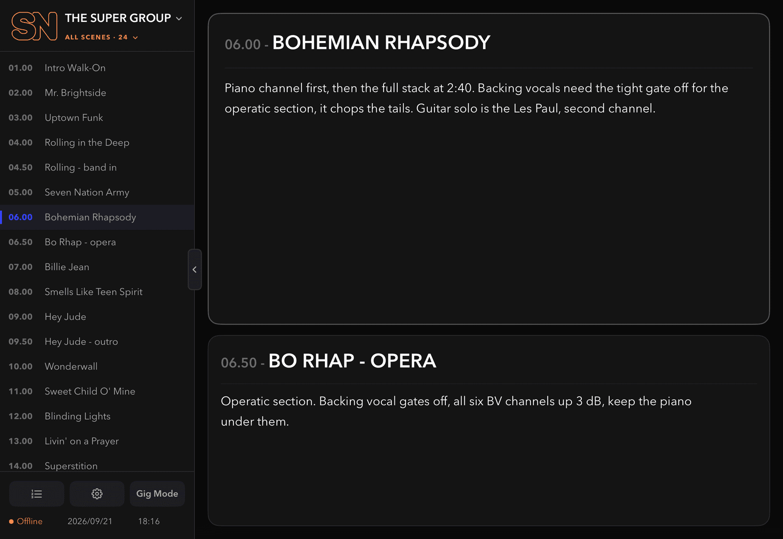 Scene Notes running on an iPad: the demo show's scenes down the left, the current scene's note above the next one's